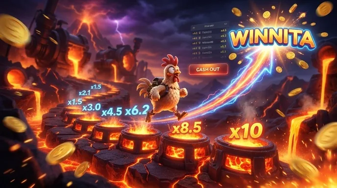 Pollo di Chicken Road 2 che attraversa una strada di fornaci roventi con i moltiplicatori che salgono a ogni passo